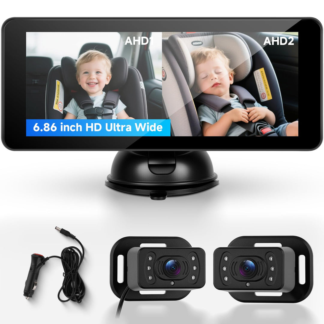 Hodozzy Dual Baby Autokamera für 2 Kinder - 6,86 Zoll IPS Split-Screen HD Display, Nachtsicht, 360°