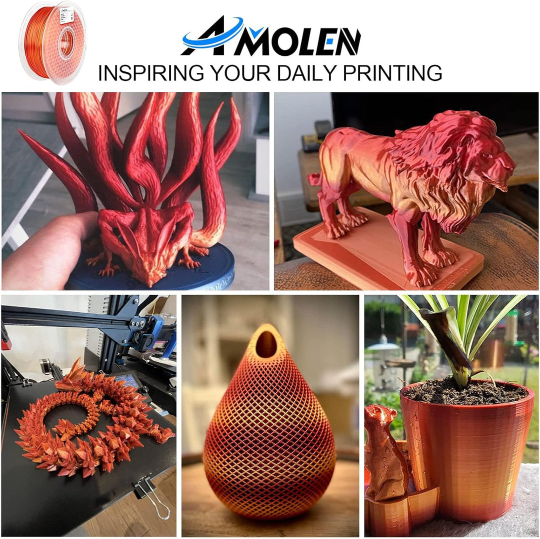 AMOLEN PLA 3D-Drucker-Filament, Silk PLA-Filament, 1,75 mm, Silk Shiny Filament Rot Gold, 1 kg A-gra