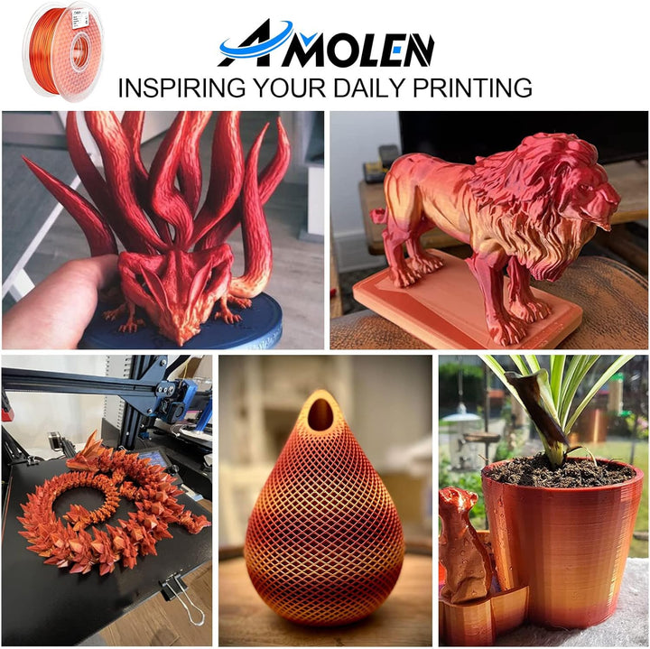 AMOLEN PLA 3D-Drucker-Filament, Silk PLA-Filament, 1,75 mm, Silk Shiny Filament Rot Gold, 1 kg A-gra