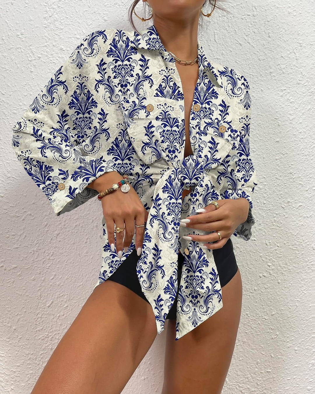 Bsubseach Damen Button Down Strandkleid V-Ausschnitt Badeanzug Resort Wear S Retro Blau, S Retro Bla