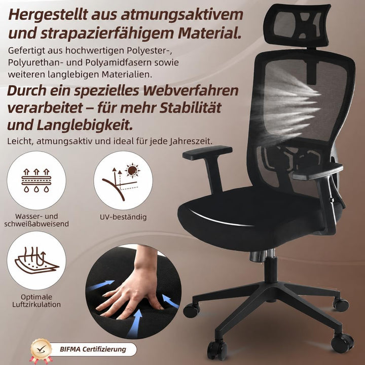 Ergonomischer Bürostuhl, Schreibtischstuhl mit Kopf-Lendenstütze | Höhenverstellbar,Verstellbare Arm