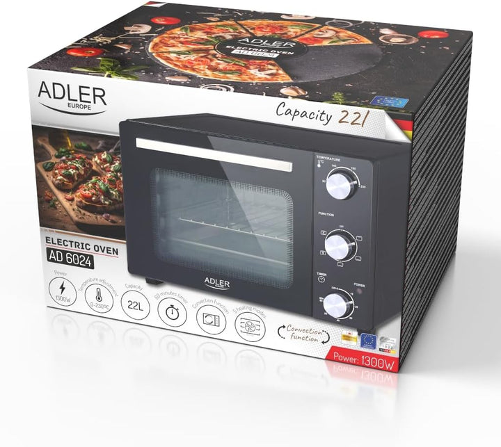 ADLER EUROPE AD 6024 Mini Elektrischer Ofen 22L, Minibackofen mit Umluft, Timer, Ideal für Camping