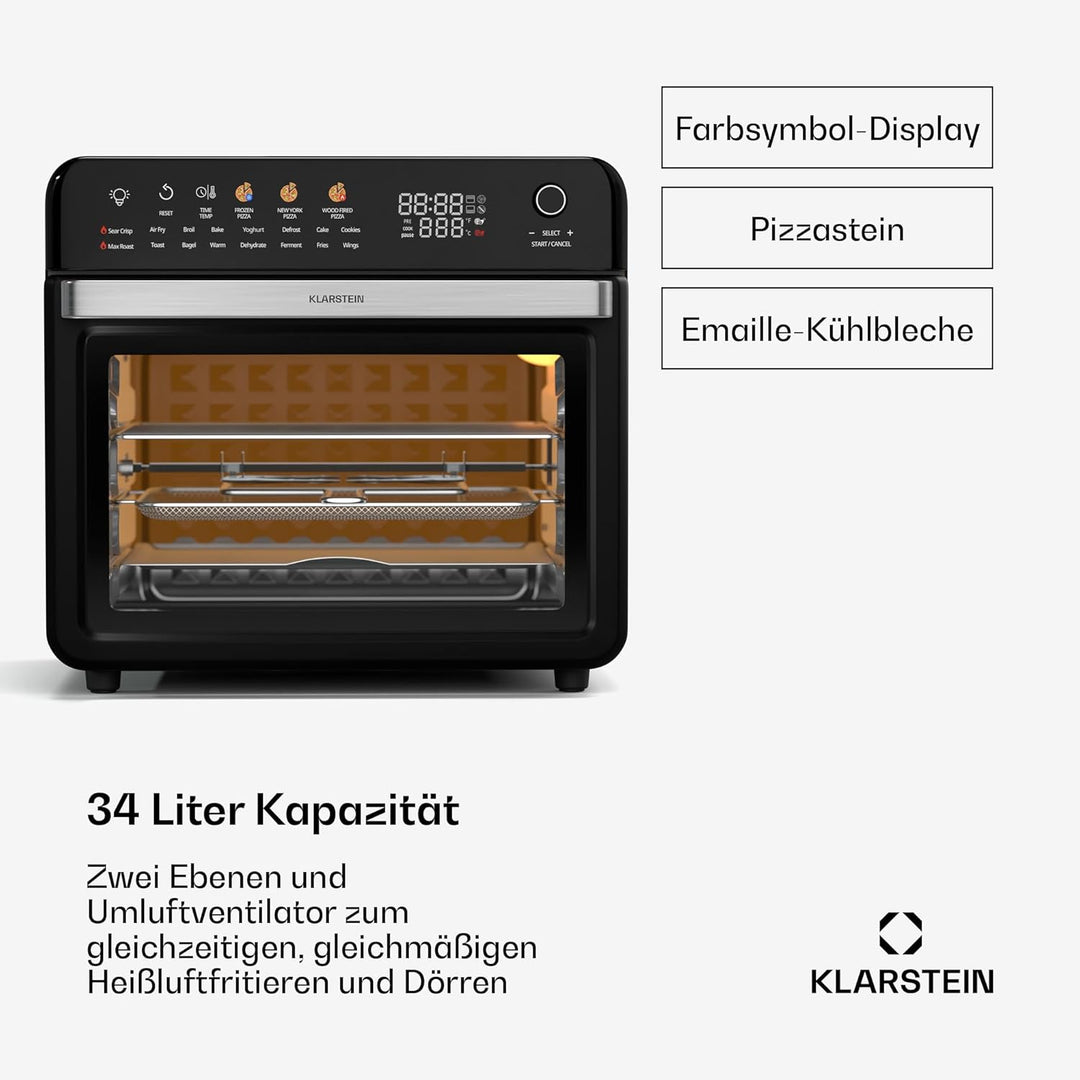 Klarstein AirGlaze Digital Heissluftfritteuse – 34 L, 2200 W, 19 Programme, Rotisserie, Touch Displa