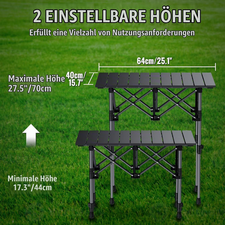 GARLLEN Campingtisch klappbar, 64x40cm &amp; 2 Höhenverstellbar(44/70cm), Aufrollbare Tischplatte, abneh