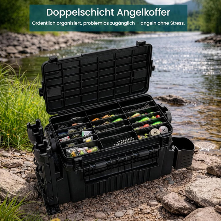 2-stöckig Gross Angelkoffer Tackle Box mit Rutenhalter & Becherhalter, klappbarem Tragegriff, 43×23×