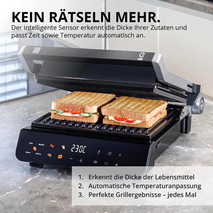 Eurel Kontaktgrill NG94 Elektrogrill 2000W | Panini Grill mit Smart Sensor, 180° aufklappbar, Garstu