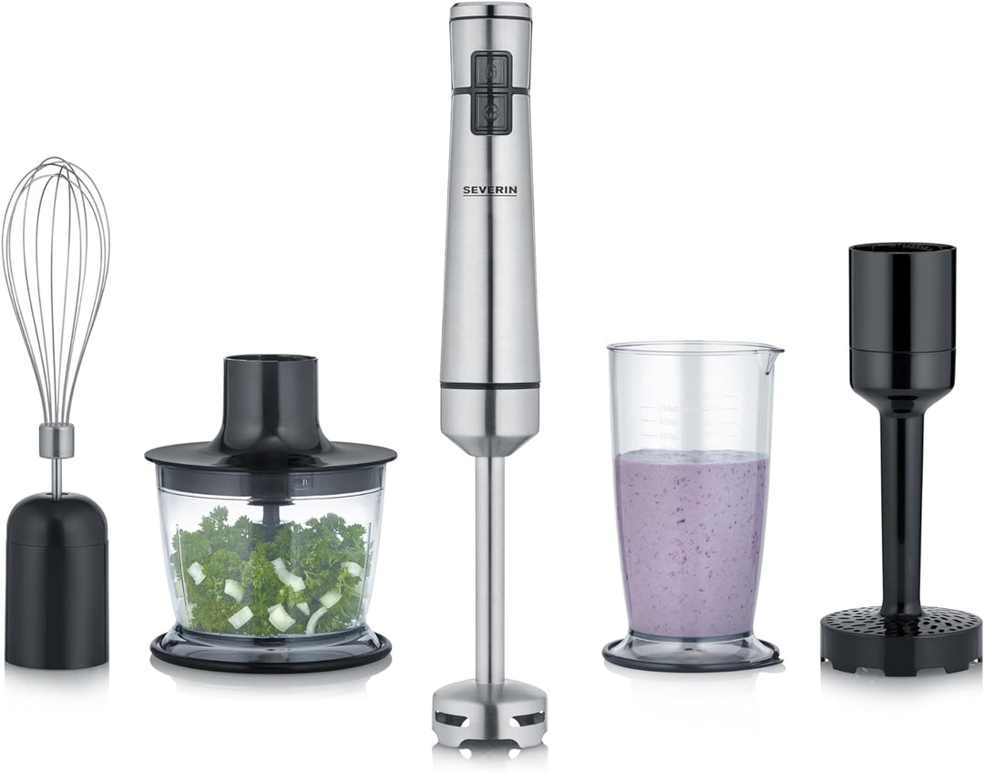 SEVERIN Kabelloser Stabmixer mit Premium-Set, abnehmbarer Mixstab, mit Pürierstab, Multizerkleinerer