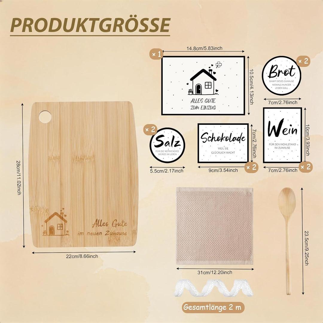 Geschenk zum Einzug – Brotkorb Set mit Holz Schneidebrett, Kochlöffel, Küchentuch & Aufklebern für S
