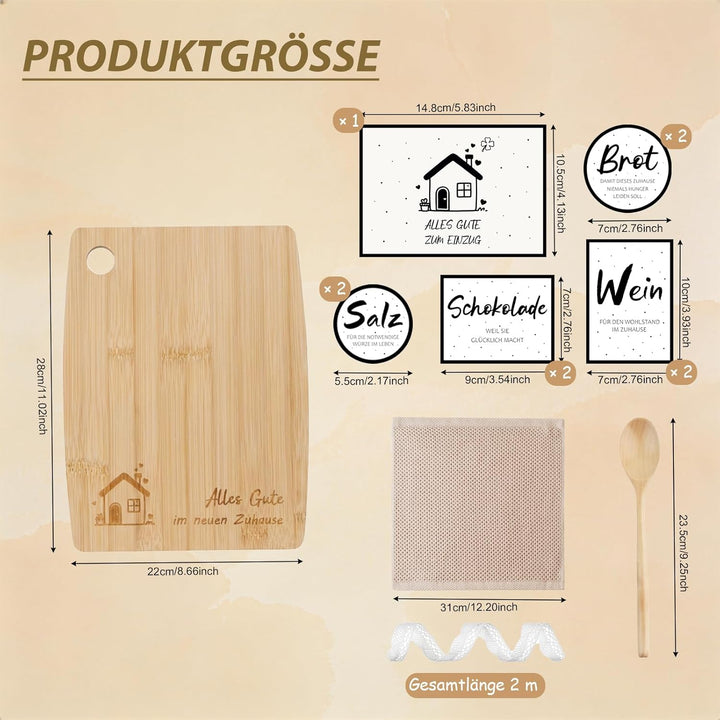 Geschenk zum Einzug – Brotkorb Set mit Holz Schneidebrett, Kochlöffel, Küchentuch & Aufklebern für S