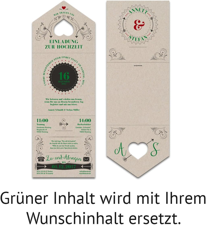 10 x Lasergeschnittene Hochzeit Einladungskarten - Vintage Retro Kraftpapier Einladung Steckbar, 10