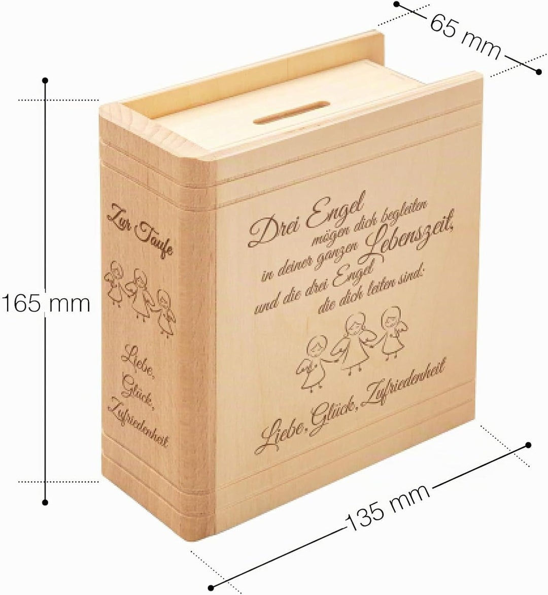 Casa Vivente Spardose aus Holz mit Gravur zur Taufe, Motiv Engel, Sparbüchse als Taufgeschenk für Mä