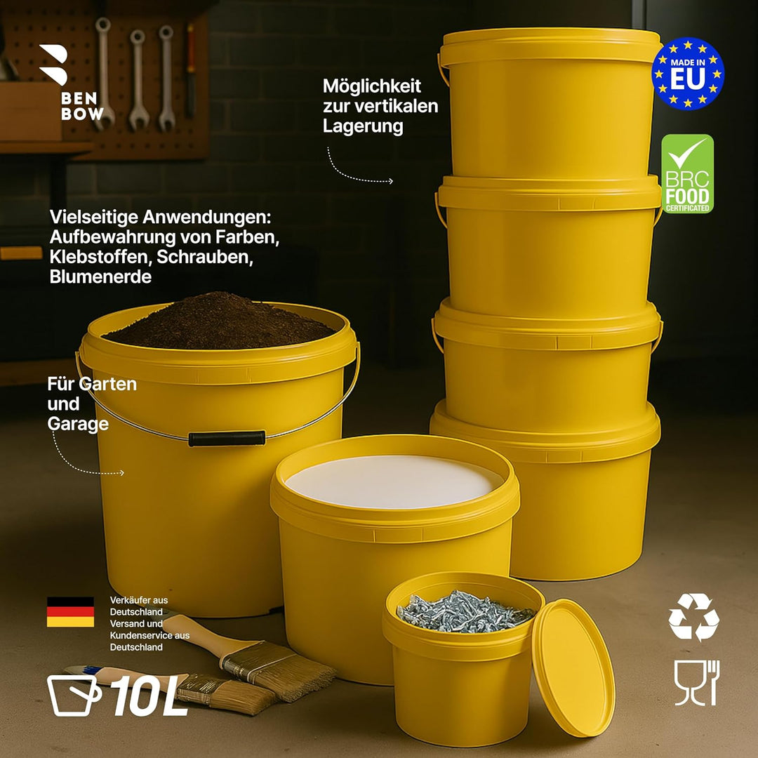 BenBow Eimer mit Deckel 10l gelb 100x 10 Liter - lebensmittelecht, stabil, luftdicht, auslaufsicher,