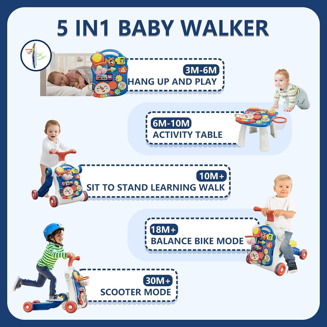 HYES 5 in 1 Lauflernwagen, Baby Spiel und Lauflernhilfe mit Musik und Abnehmbarem Spielboard, Laufwa