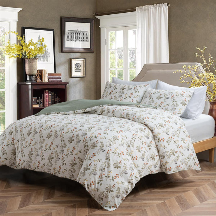 Luofanfei Bettwäsche 135x200 Grün Beige Blätter Blumen Bunt Pflanzen Botanisch Microfaser Bettwäsche