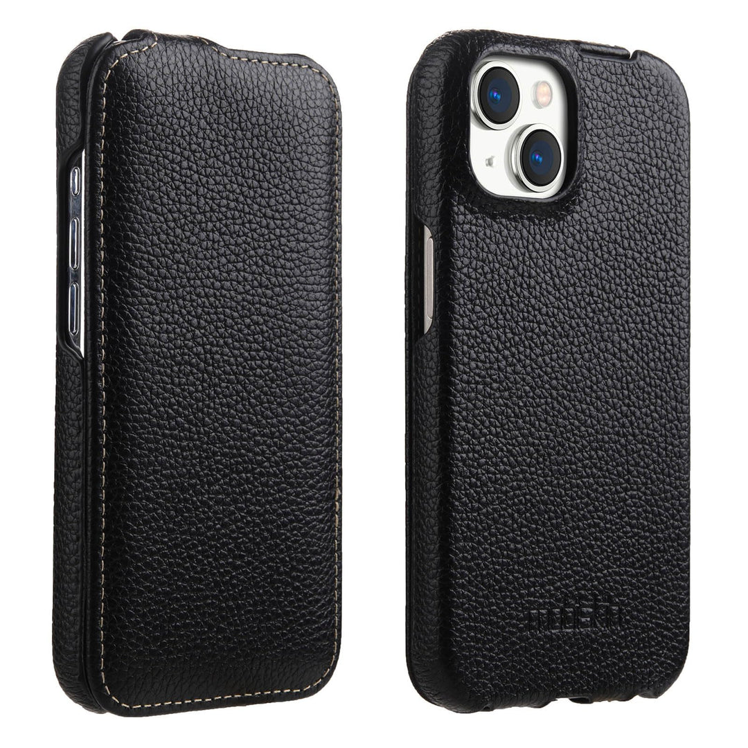 Hülle für iPhone 15 (6,1 Zoll), Flip Case, Schwarz | Handyhülle mit beschichtetem Leder, Schutzhülle