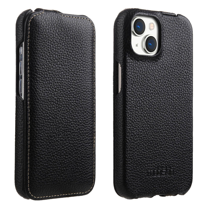 Hülle für iPhone 15 (6,1 Zoll), Flip Case, Schwarz | Handyhülle mit beschichtetem Leder, Schutzhülle