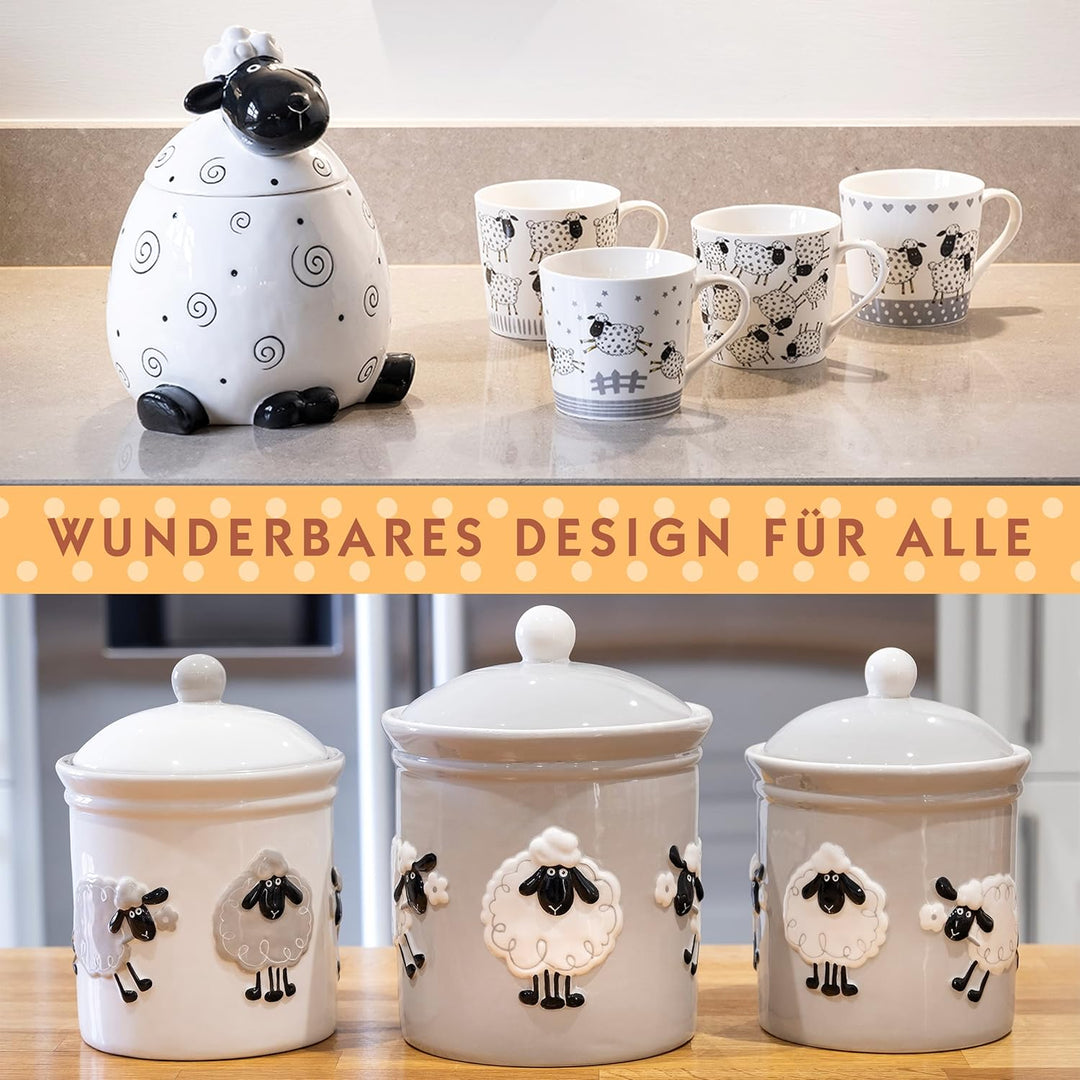 SPOTTED DOG GIFT COMPANY - Keksdose Keramik, Vorratsdose mit Deckel 2.2L, Schwarz und Weiss Schaf Kü