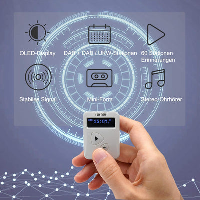 Tin- Nik DAB-398WS tragbares DAB/DAB+/UKW-Radio, digitales Taschen-RDS UKW-Mini-Radio mit wiederaufl