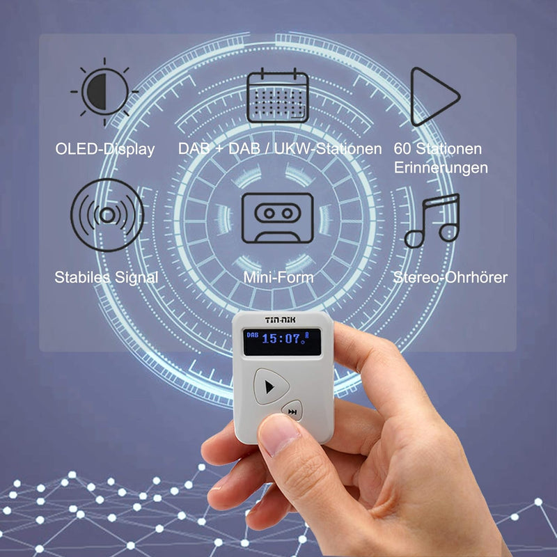 Tin- Nik DAB-398WS tragbares DAB/DAB+/UKW-Radio, digitales Taschen-RDS UKW-Mini-Radio mit wiederaufl
