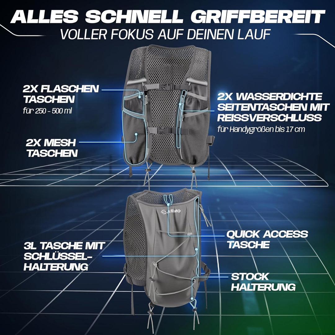 SASMO® Laufweste Damen &amp; Herren 5L / 2L | Running Vest - Ultraleicht &amp; atmungsaktiv| Laufrucksack Da