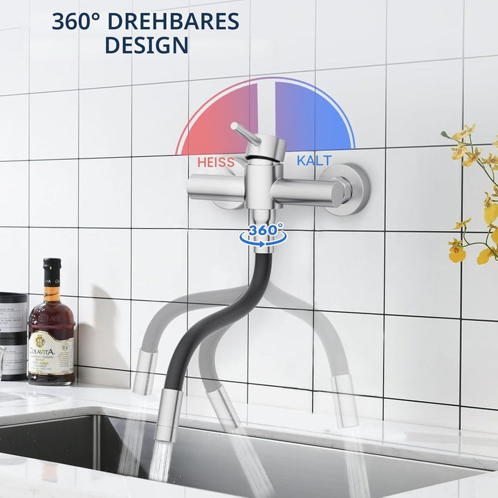 HURRAN Wasserhahn Wandmontage, 360° Schwenkbare Küchenarmatur mit Silikonschlauch, Einhebelmischer a
