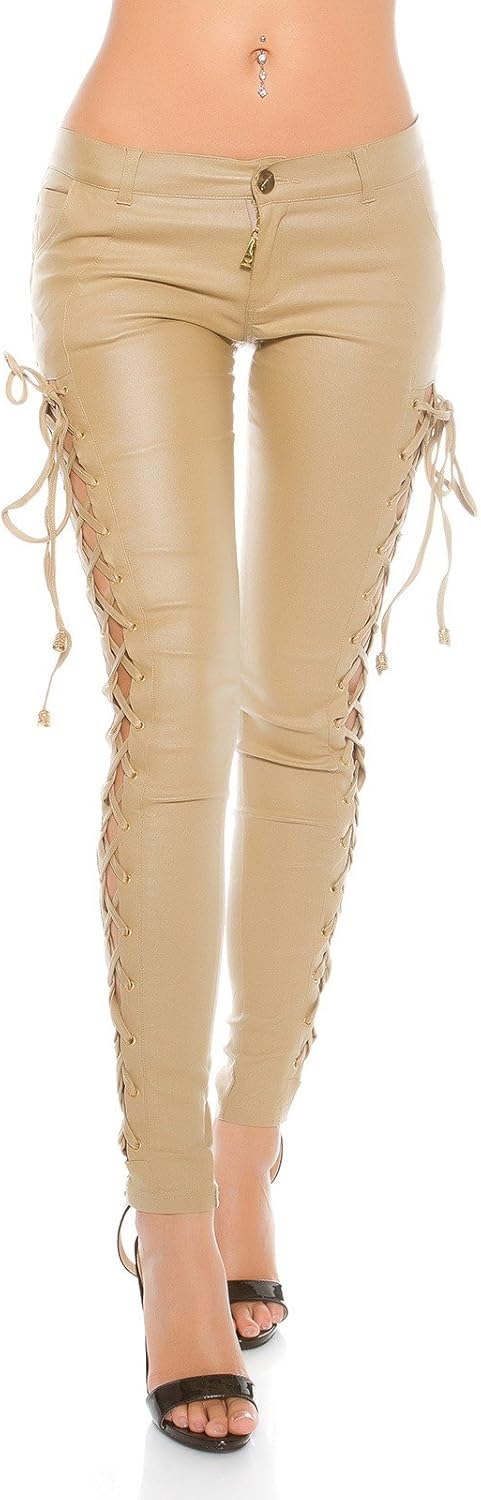 Koucla Lederlook Skinny Hose mit Schnürung - Lederoptik Low Cut Pants Leggings Schwarz Beige Rot Wei