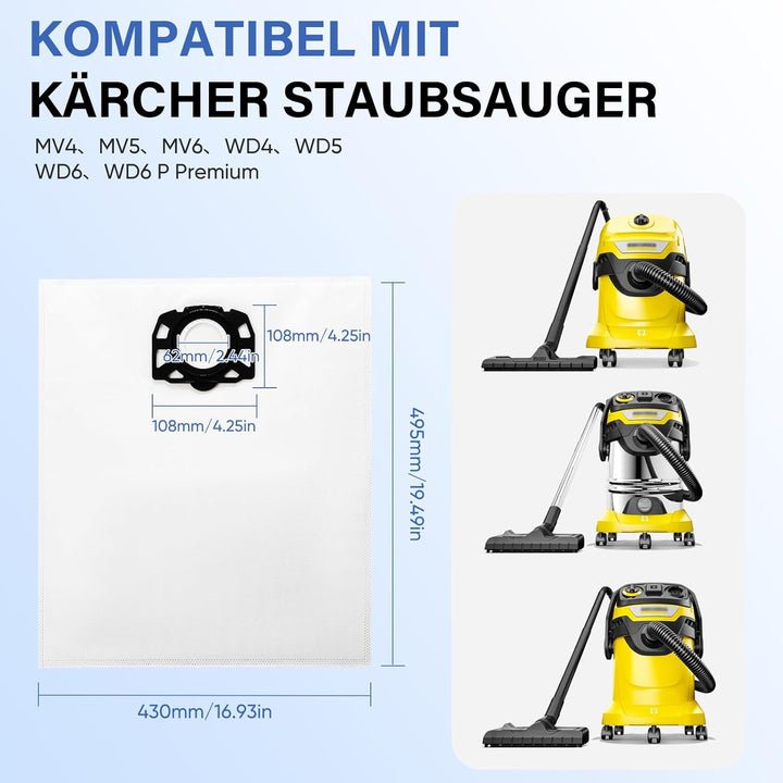 12 Stück KFI 487 Staubsaugerbeutel für Kärcher KNT4, WD4, WD5, MV4, MV5, MV6,WD5 Premium, WD6 Nass-/
