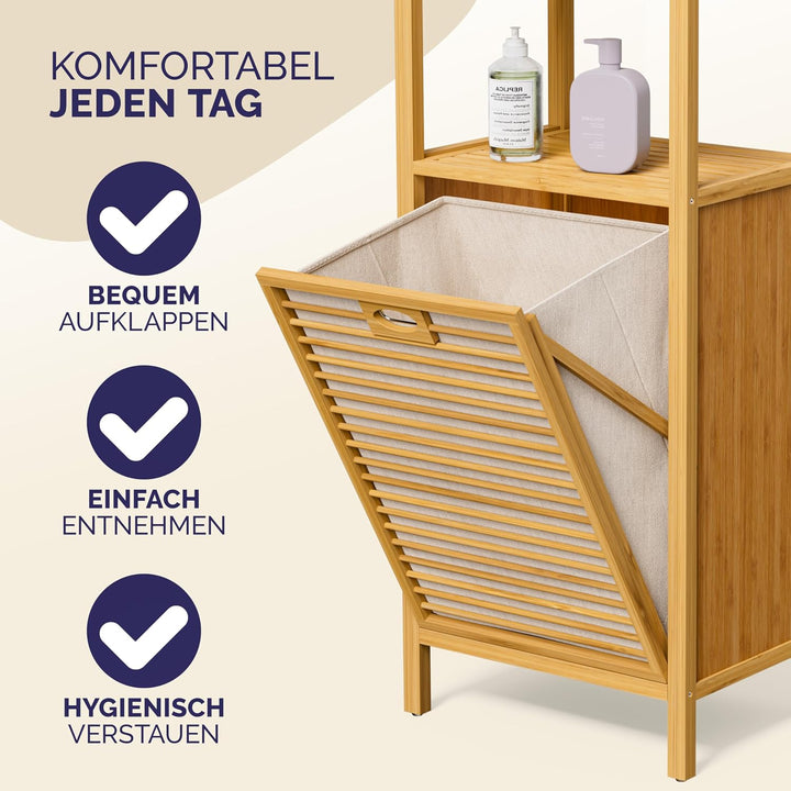Casaria® Badregal mit Wäschekorb 40 L Wäschesammler Bambus Holz Wäschesack Herausnehmbar 96x40x30cm