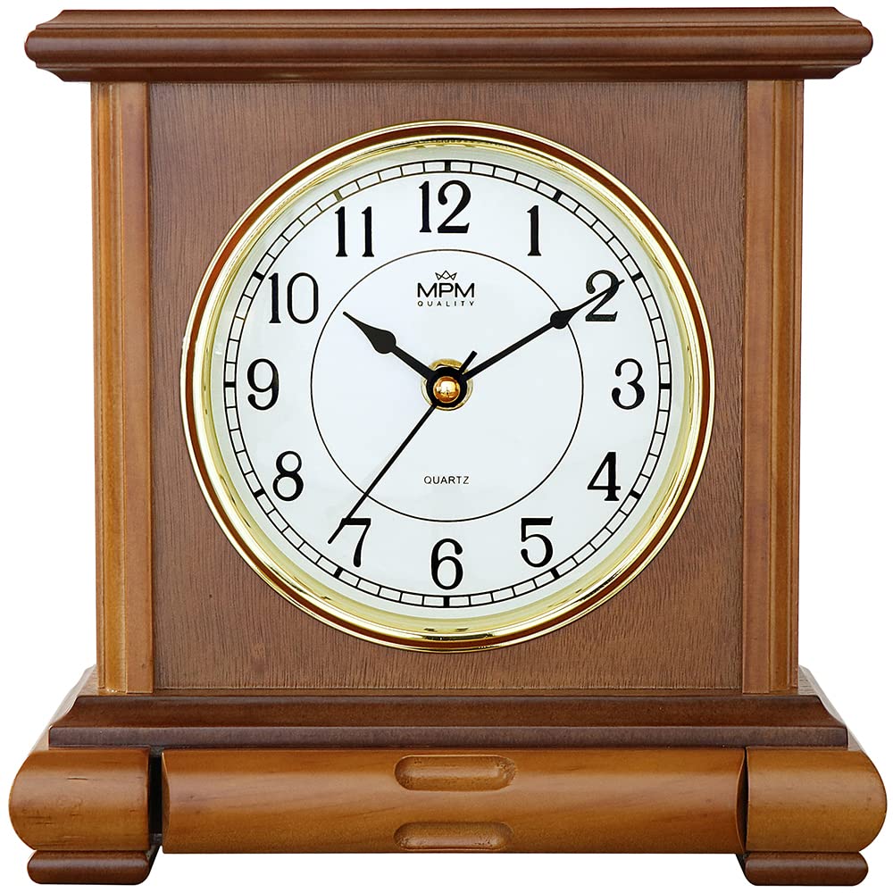 MPM Quality Retro Light Wood Tischuhr, Braun, Traditionelle und Elegante Holztischuhr, Arabische Zif