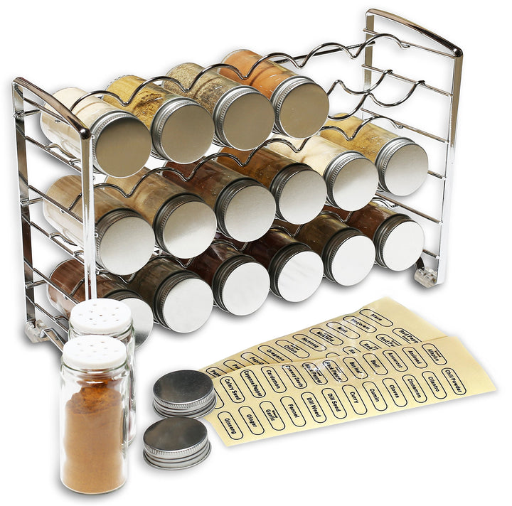 DecoBros Spice Rack Stand Holder with 18 Bottles and 48 Labels, Chrome by Deco Brothers, Chrome