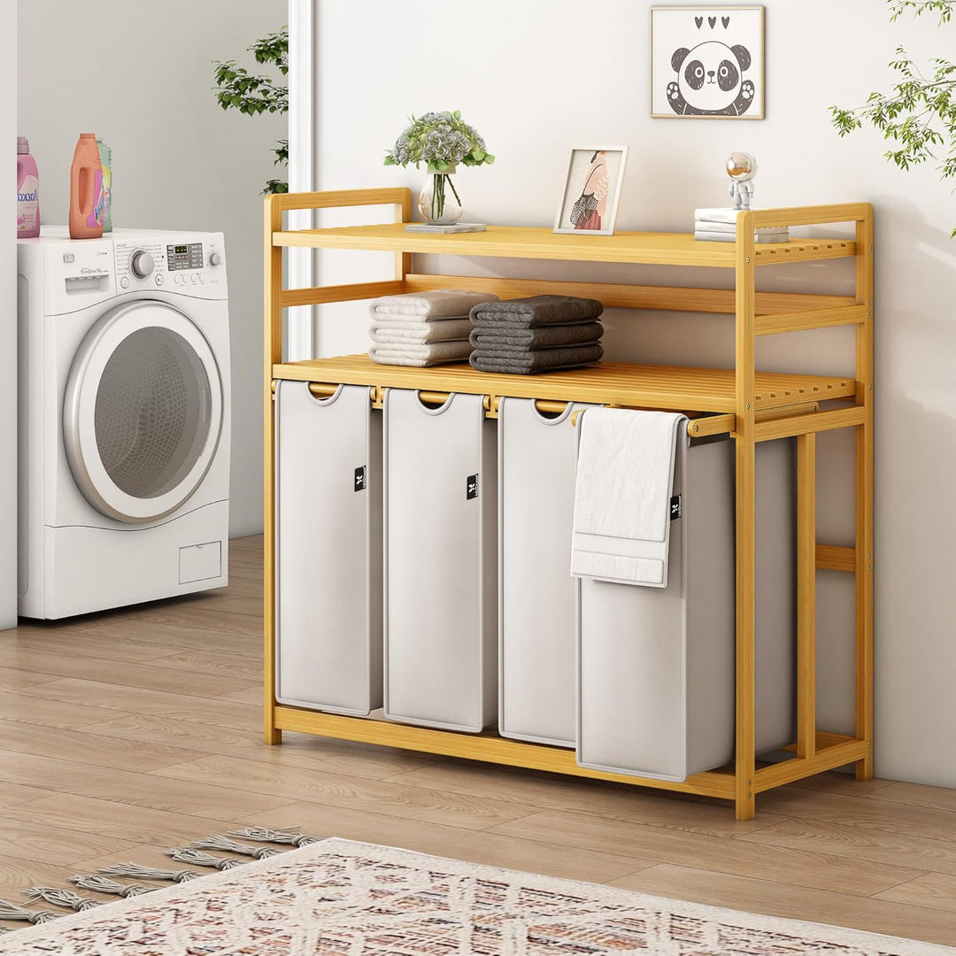 AdelDream Wäschekorb 200L,4 Fächer Wäschesammler,2 Ablagen,Bambus | Wäschesortierer 4 x 50L,ausziehb