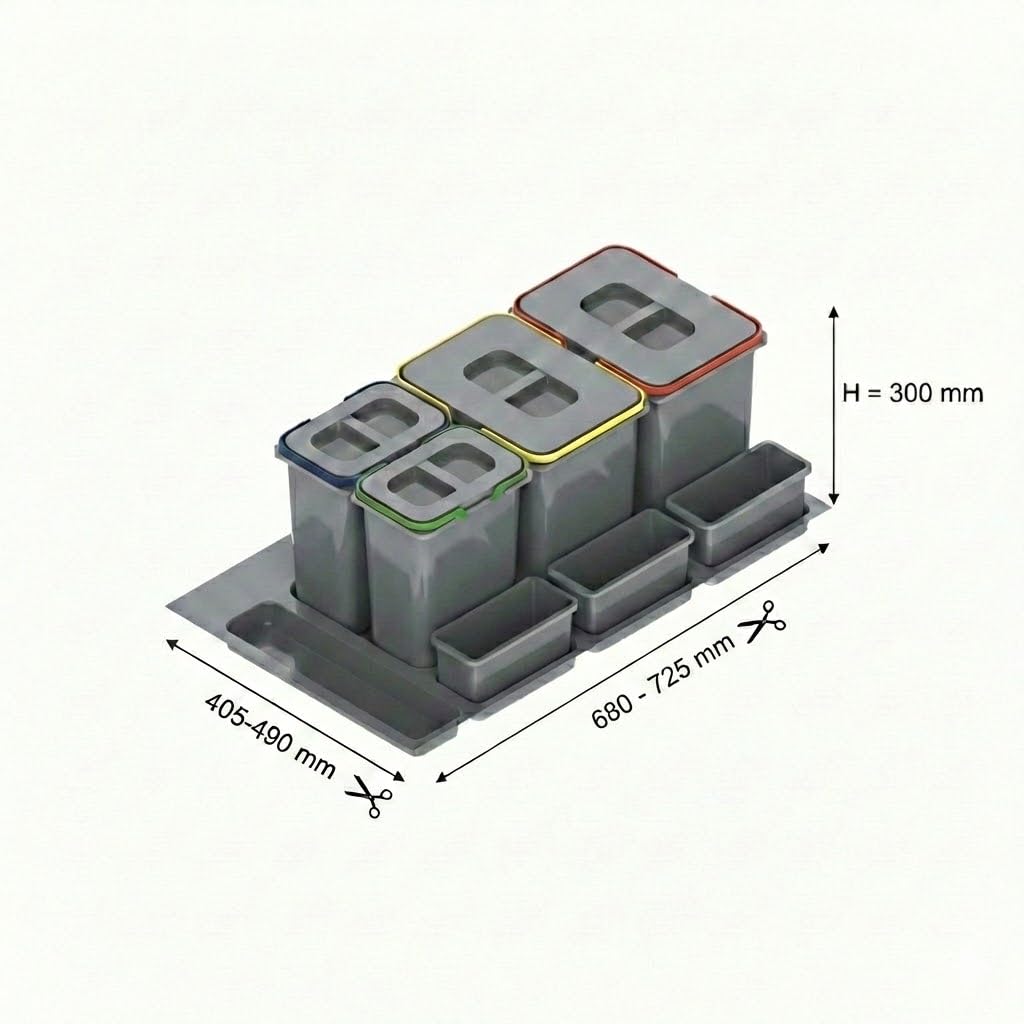 Mülltrennsystem Küche für 80 cm Schrank 4-fach 72,5x49x30 cm (2x 15L + 2x 7L) mit Deckel Einbau Abfa