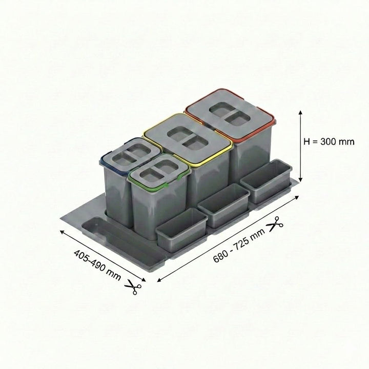 Mülltrennsystem Küche für 80 cm Schrank 4-fach 72,5x49x30 cm (2x 15L + 2x 7L) mit Deckel Einbau Abfa