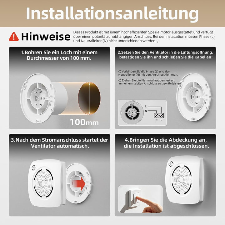 MOCINE Badlüfter 100 mm, 130 m³/h Badezimmer Abluftventilator, Weiss | 50% PC+ABS, Doppelkugellager,