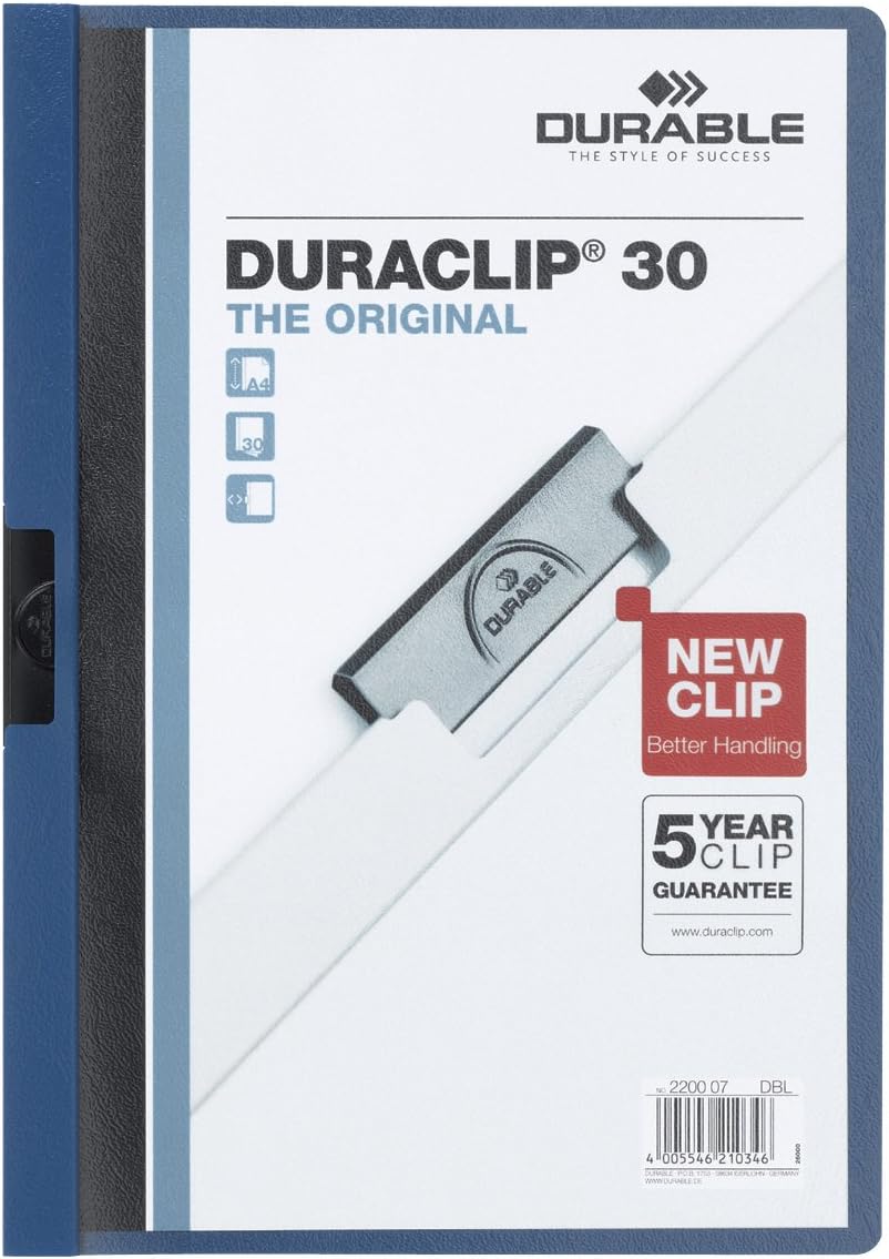 Durable Klemm-Mappe Duraclip Original 30 (für 1-30 Blatt A4), 25 Stück, dunkelblau, 220007 dunkelbla