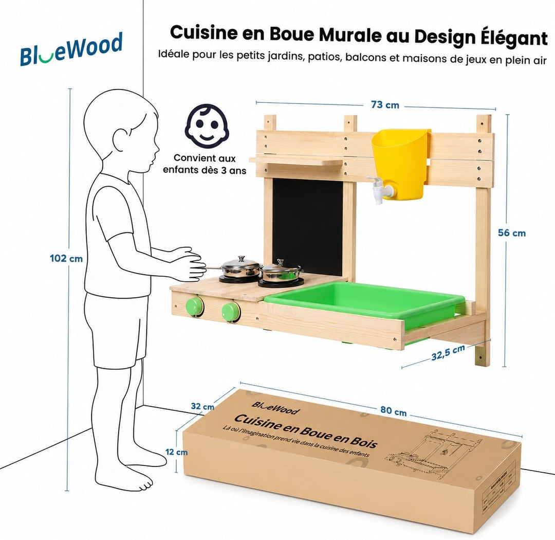 BlueWood Matschküche Kinder Outdoor, Holzspielzeug, Kinderküchen-Spielset mit, Spielfutter, Küchenzu