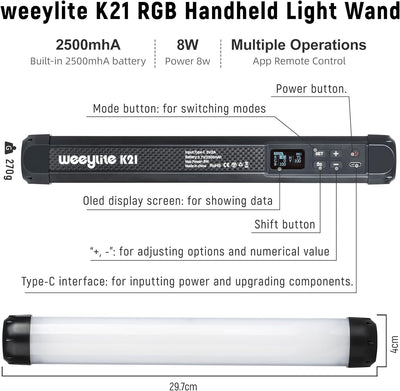 weeylite K21 RGB Handheld LED Videolicht stab Fotografie Licht 1200Lumen mit Bluetooth (APP)-Steueru