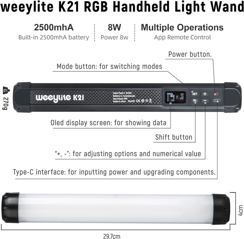 weeylite K21 RGB Handheld LED Videolicht stab Fotografie Licht 1200Lumen mit Bluetooth (APP)-Steueru