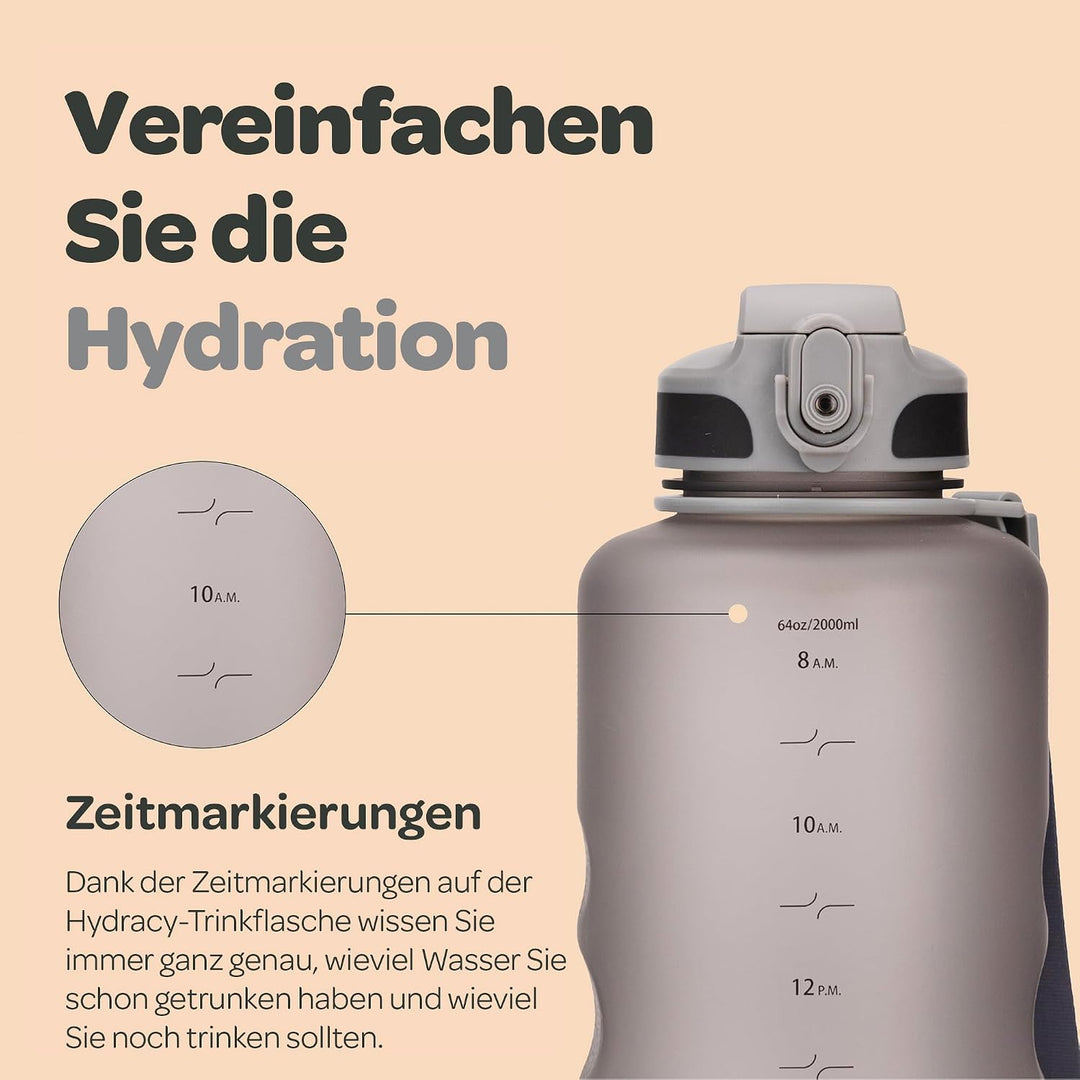 Hydracy Motivations Wasserflasche mit Zeitmarkierung &amp; Strohhalmdeckel 2L Silver Grey 2000 ml, Silve