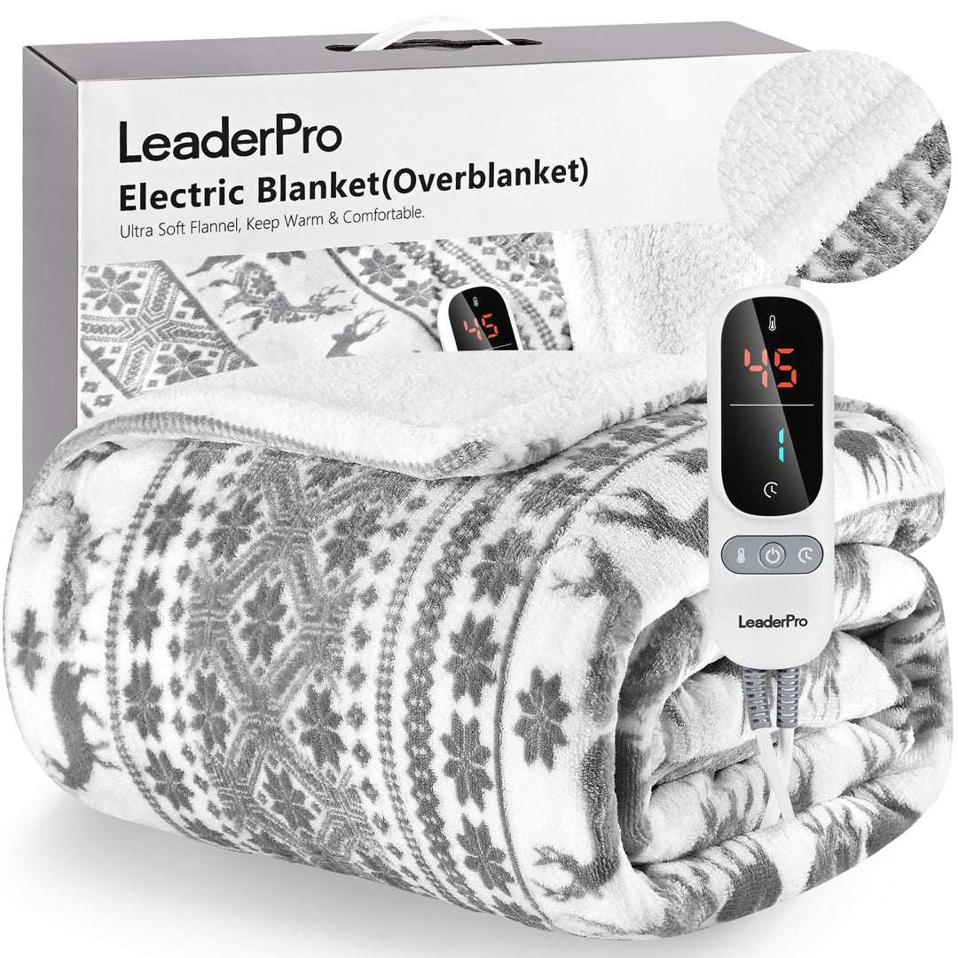 LeaderPro Heizdecke mit Abschaltautomatik,180x160cm Flanell Heizdecke 6 Heizstufenund 1-9 Stunden Ti