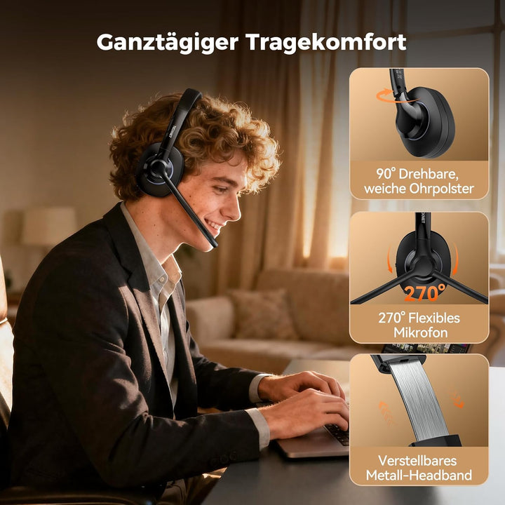 TECKNET V5.2 Bluetooth Headset mit Mikrofon, Wireless Headset mit Noise Cancelling