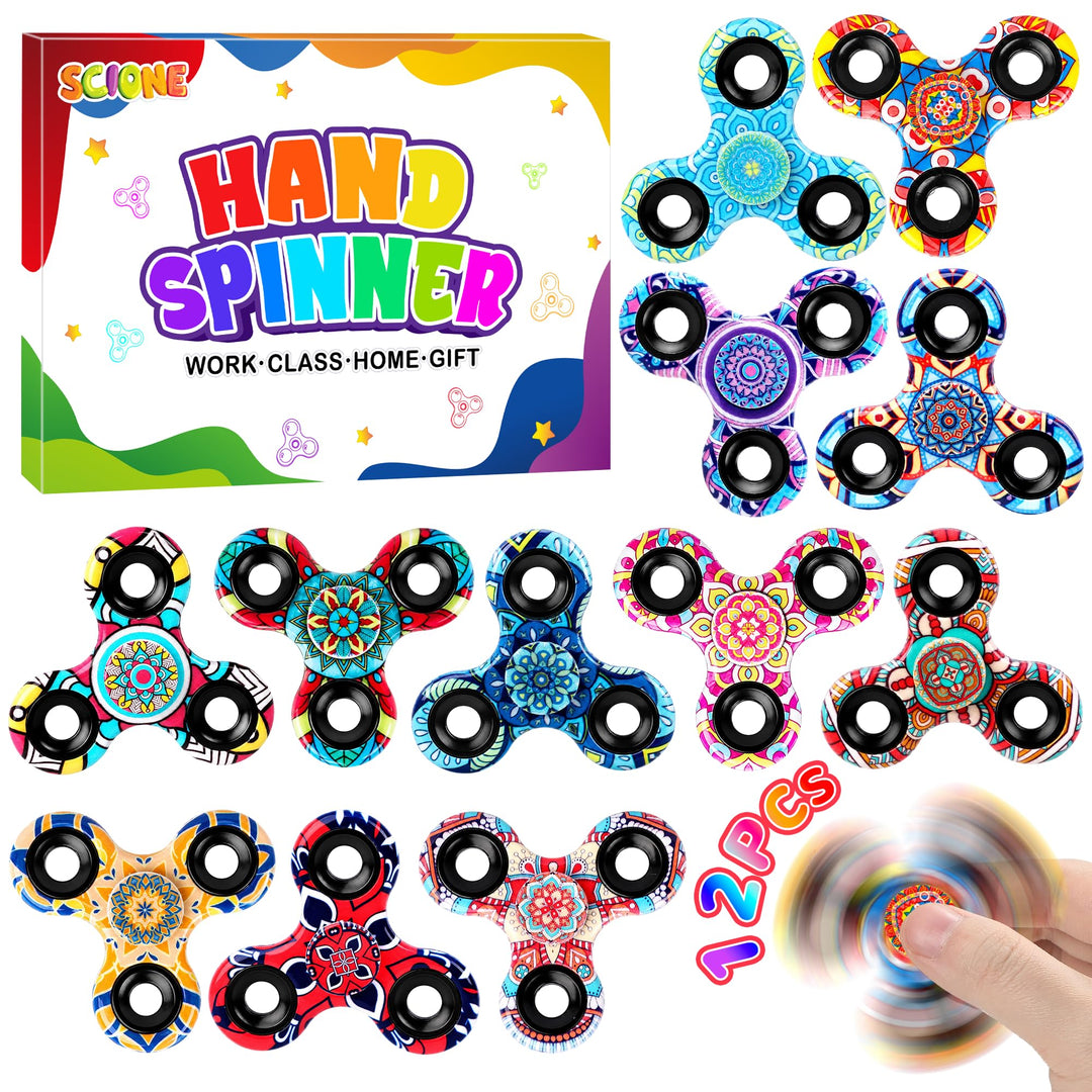 SCIONE [12er-Pack] Fidget Spinner für Kinder mit Mandala-Mustern (6,3 cm), High-Speed Fingerkreisel,