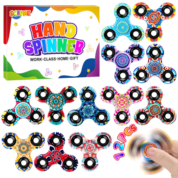 SCIONE [12er-Pack] Fidget Spinner für Kinder mit Mandala-Mustern (6,3 cm), High-Speed Fingerkreisel,