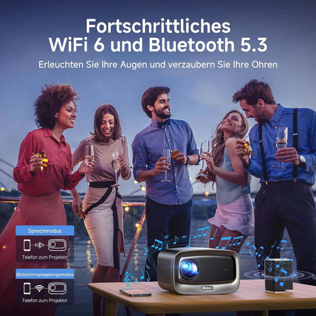 4K Beamer kompatibel mit Netflix & 36W Kino Sound | iSinbox Smart Beamer 1500 ANSI, HDR10+, Autofoku