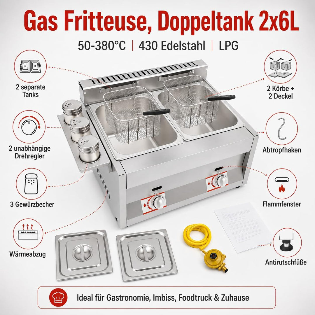 Gas Fritteuse, Doppeltank 2x6L, 50-380°C, Edelstahl, Gastronomie | 430 Edelstahl,genietet,LPG,Deckel