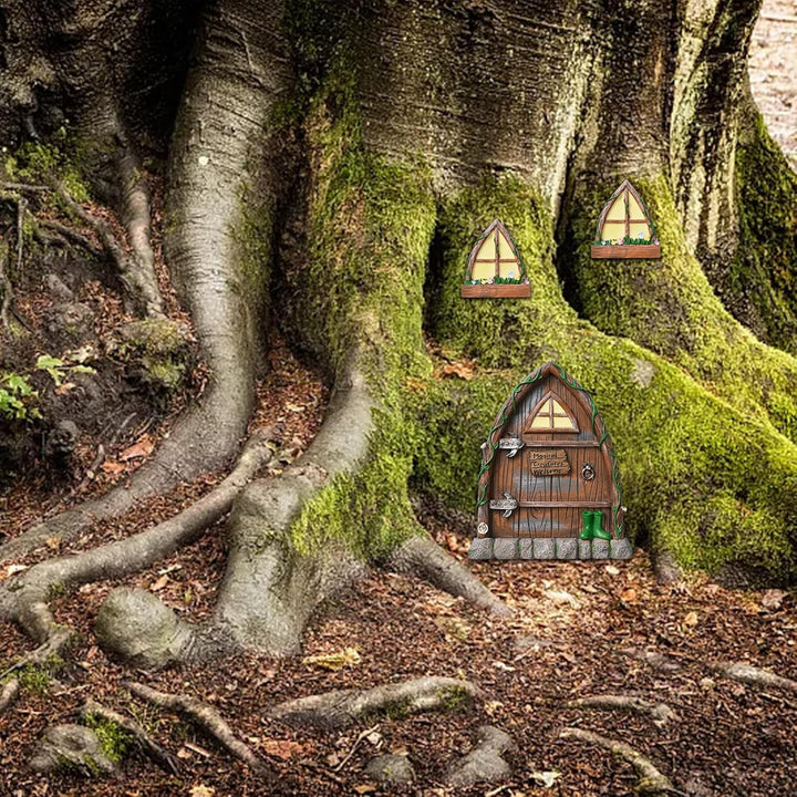 Pumwoy Feentür Wichteltür 1 Wichteltür + 2 Wichtelfenster, Wichteltür Gartendeko Leuchten im Dunkeln