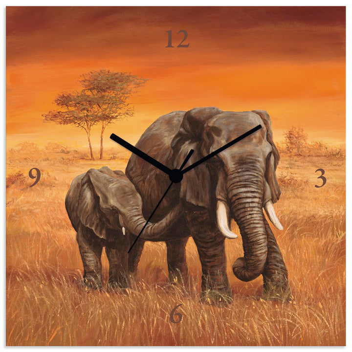 ARTLAND Wanduhr ohne Tickgeräusche Leinwand Quarzuhr 30x30 cm Quadratisch Lautlos Afrika Elefant Tie