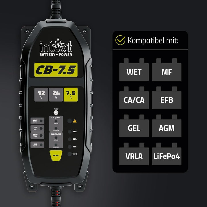 intAct ChargeBox Ladegerät für Starter- und Versorgerbatterien | 7,5A Batterieladegerät für 12V und