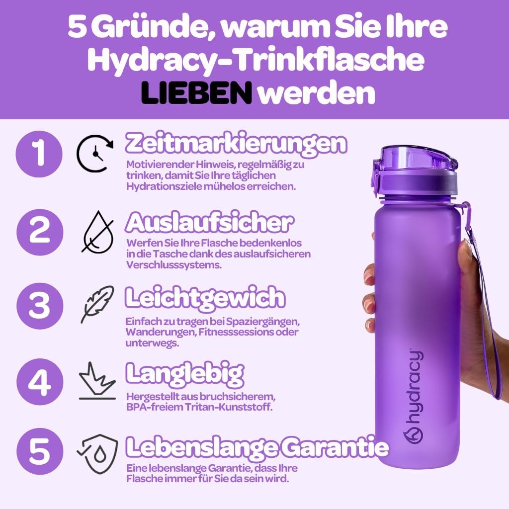 Hydracy Trinkflasche mit Strohhalm und Zeitmarkierung - 1L Wasserflasche - BPA-freie Trinkflasche -