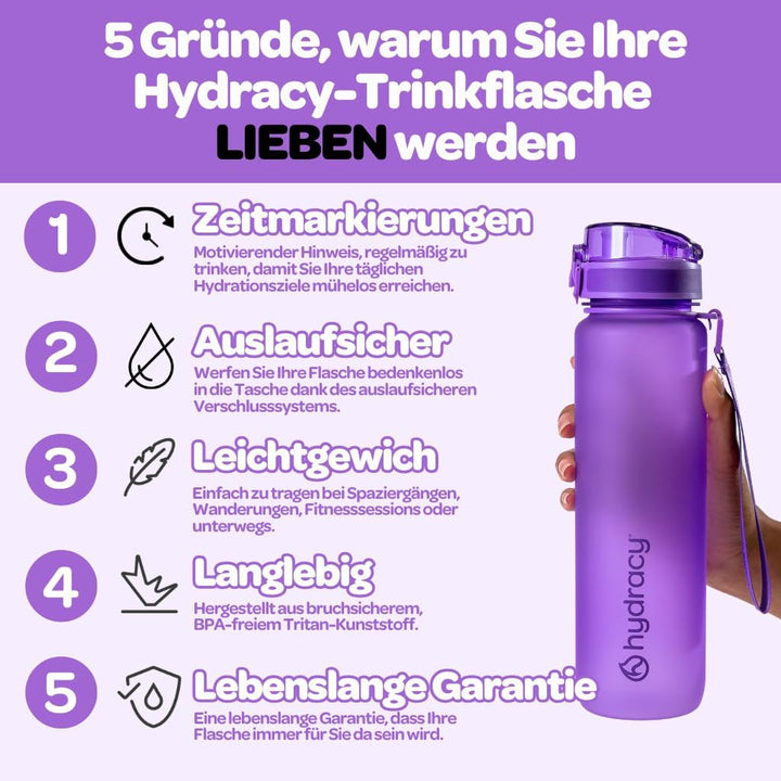 Hydracy Trinkflasche mit Strohhalm und Zeitmarkierung - 1L Wasserflasche - BPA-freie Trinkflasche -